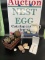 CROSS NECKLACE, VINTAGE KEEPSAKE BOX, NESTING CHICKEN, SHELLS, IRONSTONE PITCHER AND DECOR