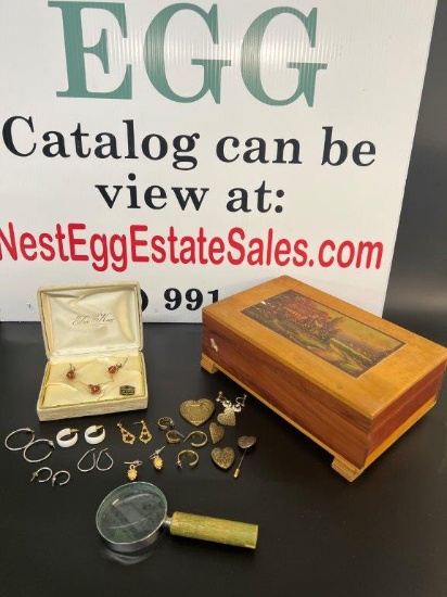 DECOUPAGE BOX, MAGNIFYING GLASS, VINTAGE JEWELRY AND TRU-KAY VINTAGE JEWELRY SET