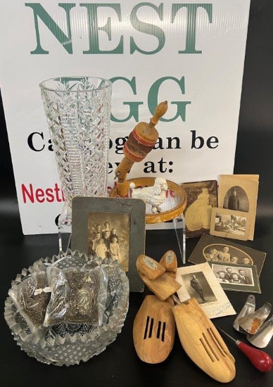 ANTIQUE PHOTOS, CRYSTAL VASE, SHOE FORMS, AND MORE