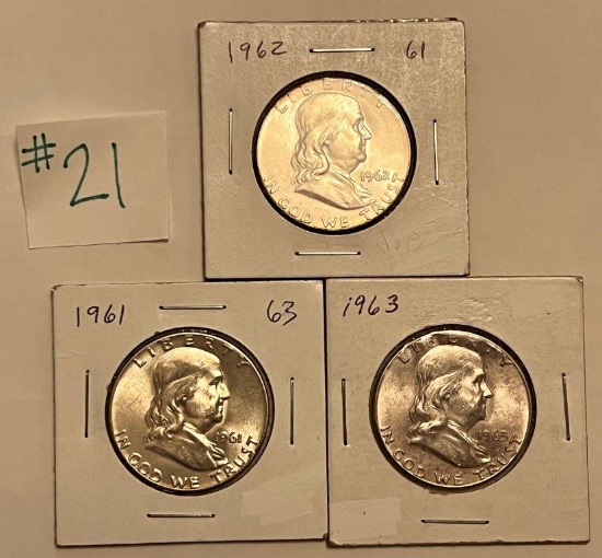 3 UNCIRCULATED FRANKLIN HALF DOLLARS, ALL BU TO CH BU