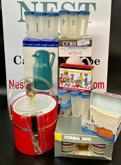 VINTAGE FORMA UNO COASTERS, RED ICE BUCKET, RECIPE HOLDERS, AND STORAGE CONTAINERS