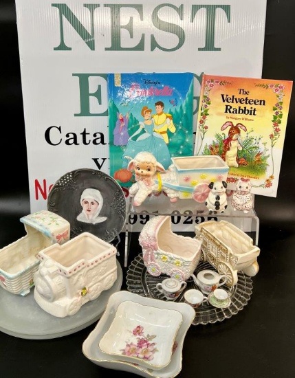 VINTAGE PLANTERS. CHILDREN'S BOOKS, AND PLATES