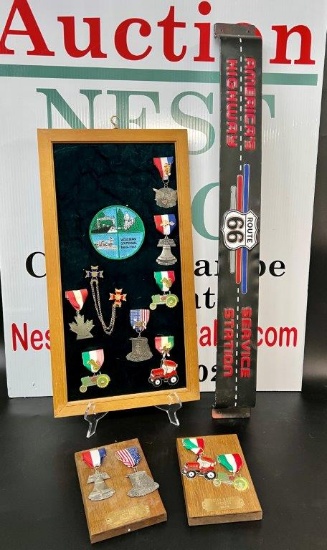 COLLECTION OF FARMING PINS, AND AMERICAN SERVICE WALL PIECE