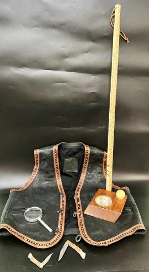 VINTAGE LEATHER VEST, POCKET KNIVES, AND MORE