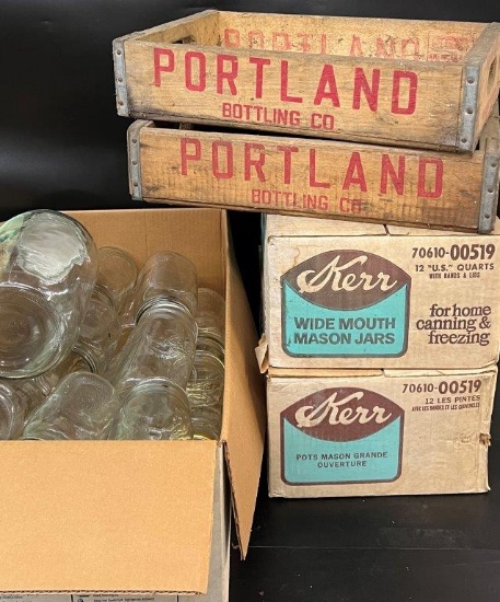 TWO PORTLAND BOTTLING CO. CRATES AND THREE BOXES OF CANNING JARS