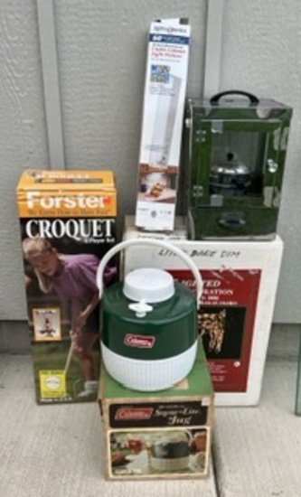 VINTAGE POPCORN MACHINE, CROQUET, COLEMAN JUG, NEW IN BOX LIGHTER CHRISTMAS DEER