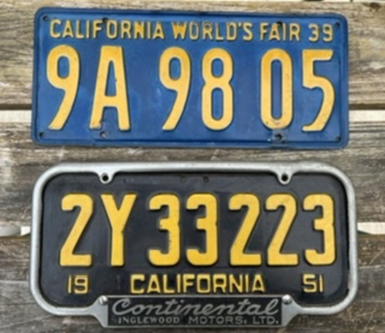 1939 CALIFORNIA WORLDS FAIR LICENSE PLATE and 1951 CALIFORNIA LICENSE PLATE
