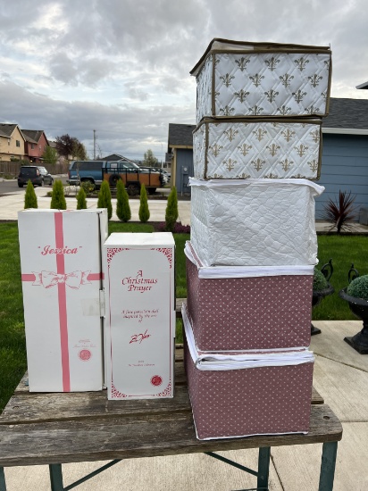 TWO NEW DOLLS AND GLASS/CHINA CUP ZIP UP CASES