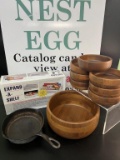 WAGNER CAST IRON PAN, WOOD BOWLS, AND EXPAND A SHELF