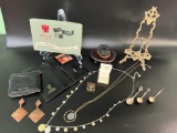 JEWELRY, VINTAGE LEATHER WATCHES, SPOONS, AND WOOD AND METAL DISPLAY STANDS