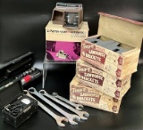 THRIF-T SAWHORSE BRACKETS, PANA-VUE SLIDE VIEWER, VOLT METER, WRENCHES AND SPARK PLUG SOCKET