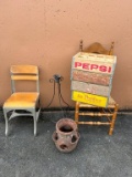 TWO CHAIRS, METAL STAND, PLANTER, AND 4 BEVERAGE CRATES