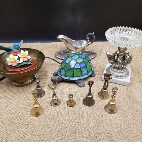 COLLECTIBLE BRASS BELLS, COLORFUL TURTLE LAMP, CHERUB POTPOURRI DISH LOT