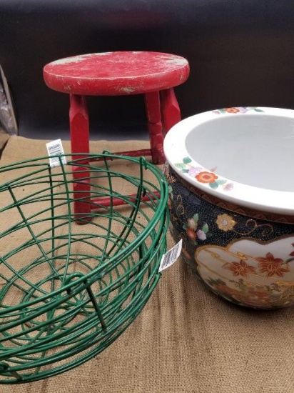 VINTAGE RED STOOL, PORCELAIN PLANTER, FLOWER BASKETS LOT