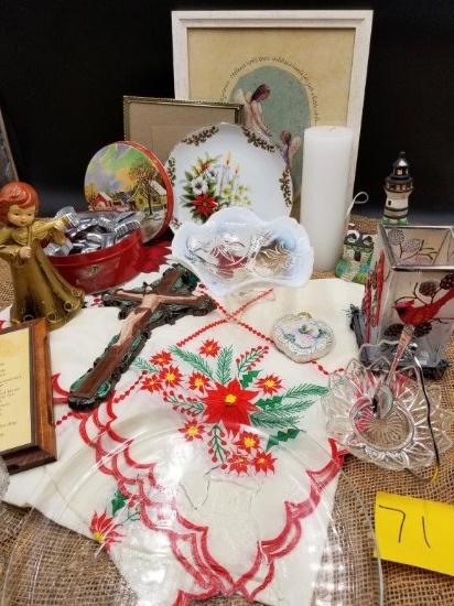 CERAMIC ANGEL, CERAMIC CRUCIFIX, CARDINAL CANDLE HOLDER, COOKIE CUTTERS IN CHRISTMAS TIN LOT