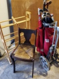 ANTIQUE CANED CHAIR, SHOE RACK, GOLF CLUB SET LOT