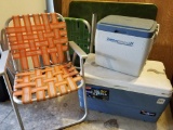 COLEMAN PERSONAL COOLER, LARGE COOLER, LAWN CHAIR PAIR, CARD TABLE LOT
