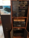 SANSUI AUDIO EQUIPMENT AND SPEAKERS, SONY BLU RAY PLAYER, STEREO CABINET, DISK CHANGER,