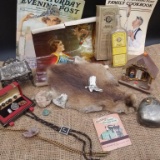 VINTAGE BOLO TIES, SILVER COLORED TRINKET BOX, PRINT, MAGAZINE, PELT, CARD, THERMOMETER, BOTTLE LOT