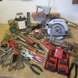 CRAFTSMAN TOOLS, BLACK AND DECKER CIRCULAR SAW, TAPE MEASURES, ASSORTED TOOLS AND HARDWARE LOT