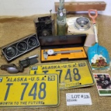 VINTAGE ALASKA LICENSE PLATES, CALIPERS, DECORATIVE SPADE, FOOTBALL CARD, COKE BOTTLE LOT