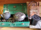 CAMPING STOVE, IRON PAN AND LID, KETTLE, SON OF HIBACHI LOT