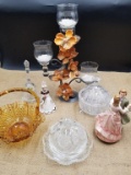 AMBER GLASS BASKET, CERAMIC DANCING COUPLE, FLORAL TIERED CANDLE HOLDER LOT