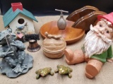 PLASTIC GNOME, SQUIRREL TRINKET BOX, FROG PAIR, FROG THERMOMETER LOT