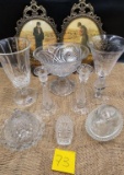CUT GLASS VASES, CANDY DISHES, SILVER COLOR FRAMES OF FIGURES IN FIELD LOT