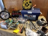 CHICAGO ELECTRIC BATTERY CHARGER, SPOT LAMPS, MISC TOOLS, WINDING WIRE SPOOL LOT