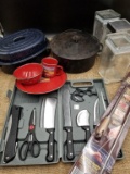 KNIFE SET IN PLASTIC CASE, ALUMINUM DISHES, ROASTER, IRON POT, CANISTER LOT