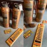 VINTAGE FIRE EXTINGUISHERS, THERMOMETER, SMALL LICENSE PLATE