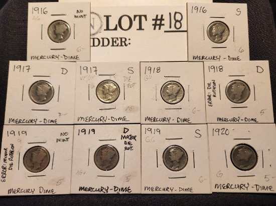 Ten different Mercury Dimes