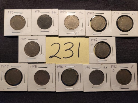 12 Differnent Liberty "V" Nickels.  12 D included