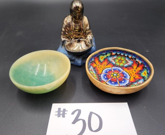 STONE BOWL, BEADED BOWL, OFFERING STATUE