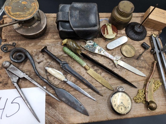 LETTER OPENERS, CALIPERS, LEATHER POUCH, POCKET WATCH