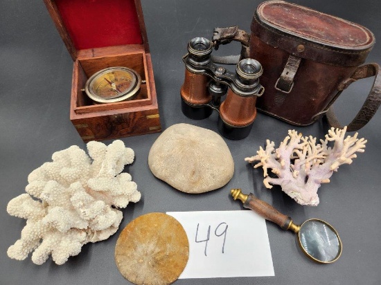 CORAL, SHELLS, ANTIQUE BINOCULARS AND COMPASS