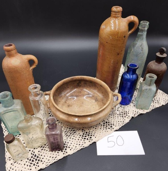 ANTIQUE BOTTLES, GLAZED BOWL