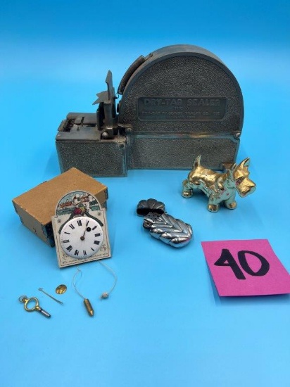 Vintage Metal Tape Dispensor, small clock, lighter and scotty