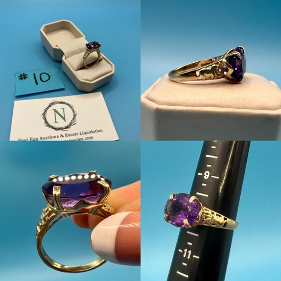 10K Gold Elephant Carved Ring with Large Amethyst