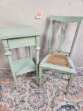 Vintage Mint Colored Side Table and Caned Seat Chair