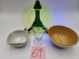 Uranium Glass Plate, Antique Pourer, and Stoneware Bowls