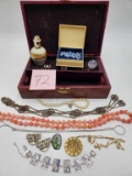 Vintage Jewelry Box with Assorted Jewelry and Perfume Bottle