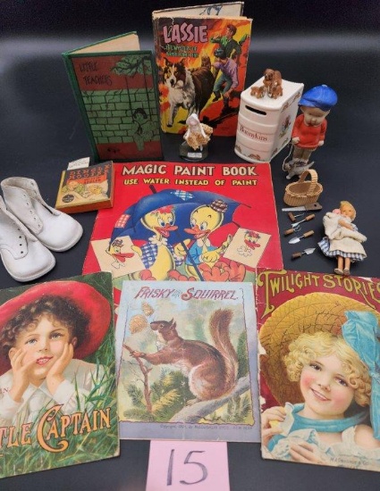 Antique Linen Children's Books, Dolls,  Lassie book, and more