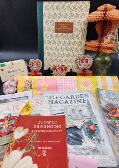 Coca Cola Flower Arranging book, Flamingo Feather pin,  Vintage Gardening Magazines, Valentine's Dec