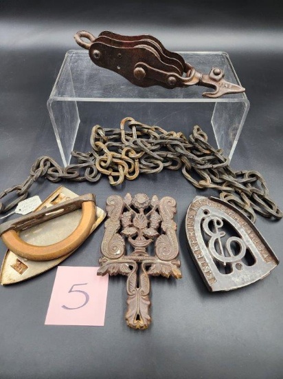 Antique Metal Pulley, Hand Formed Chain, and Antique Clothes Iron Trivets