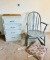 Blue 4 Drawer Dresser, Blue Rocker, and Floral Cushion