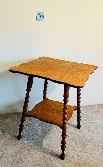 Tiger Wood Side Table, Turned Spindle Legs, Lower Shelf