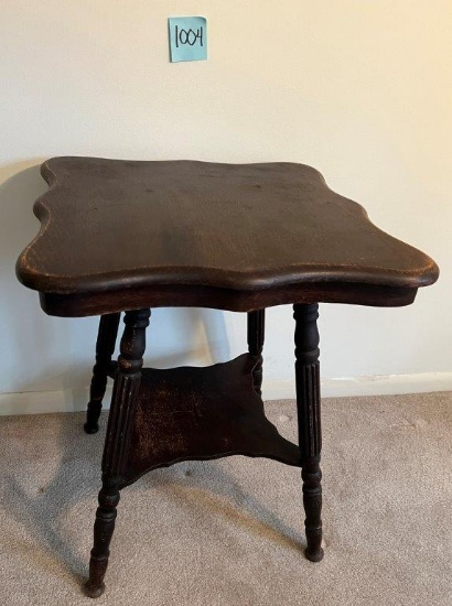 Dark Brown Stain Side Table, Turned Spindle Legs, Lower Shelf