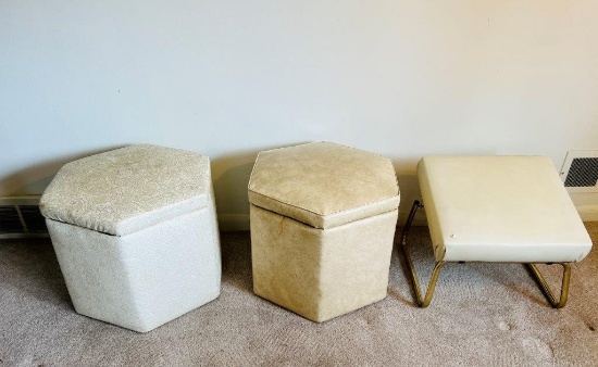 White Upholstered Storage Ottomans and Footstool